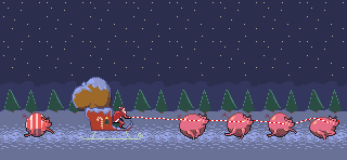 Santa Claus and his sleight being pulled by a bunch of pigs while a peppermint pig chases